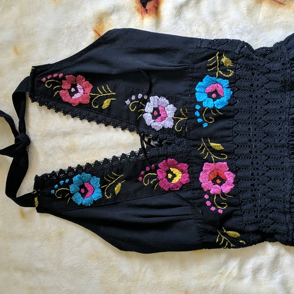 Handmade Black Dress with Embroidered Flowers, size Medium - Picture 2 of 3